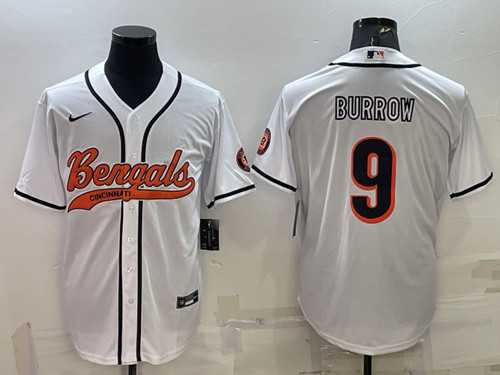 Mens Cincinnati Bengals #9 Joe Burrow White With Patch Cool Base Stitched Baseball Jersey